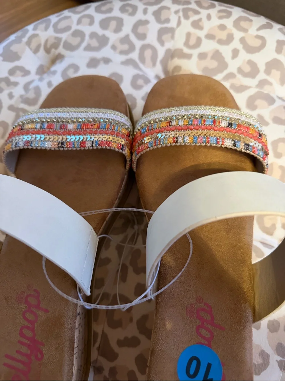 Jellypop Cream Slide Sandals with Multicolor Beaded Toe Strap